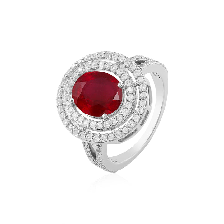 Ruby and Zircon Double Halo Silver Ring