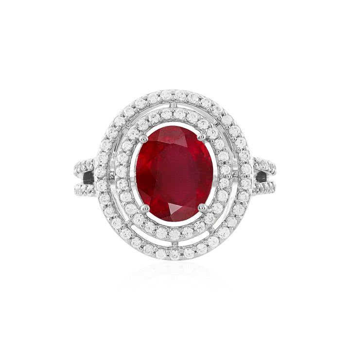 Ruby and Zircon Double Halo Silver Ring