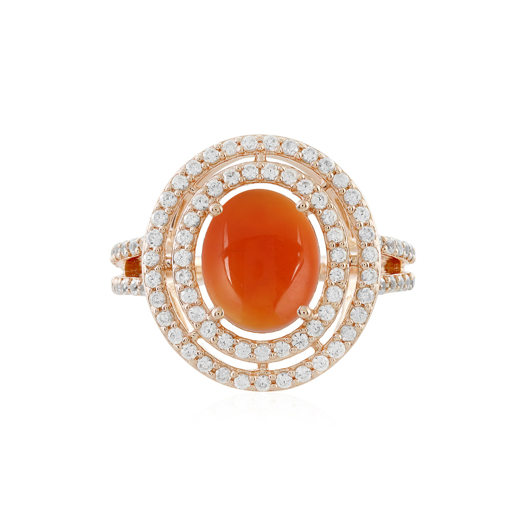 Red Onyx and Zircon Double Halo Silver Ring