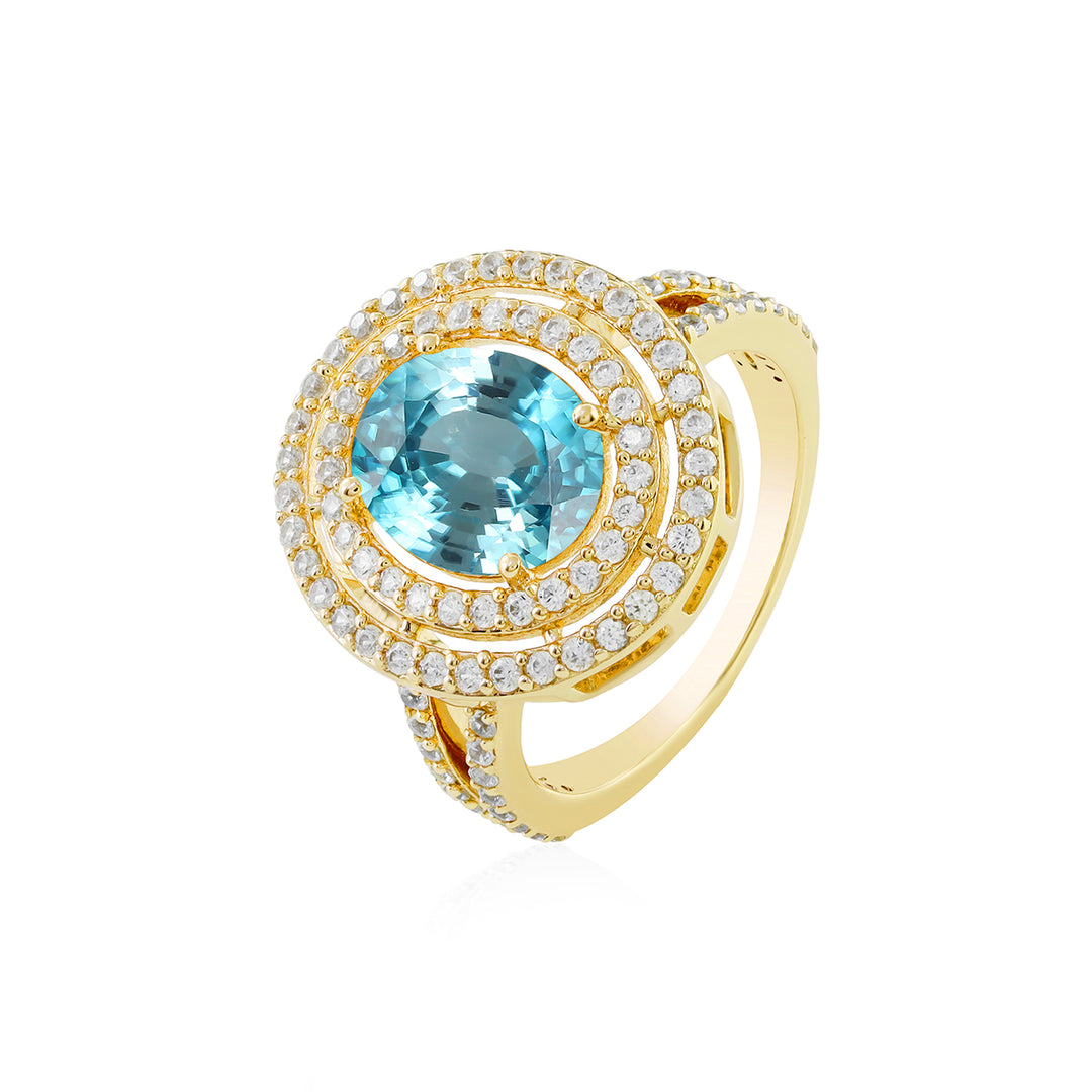 Blue Zircon Double Halo Silver Ring