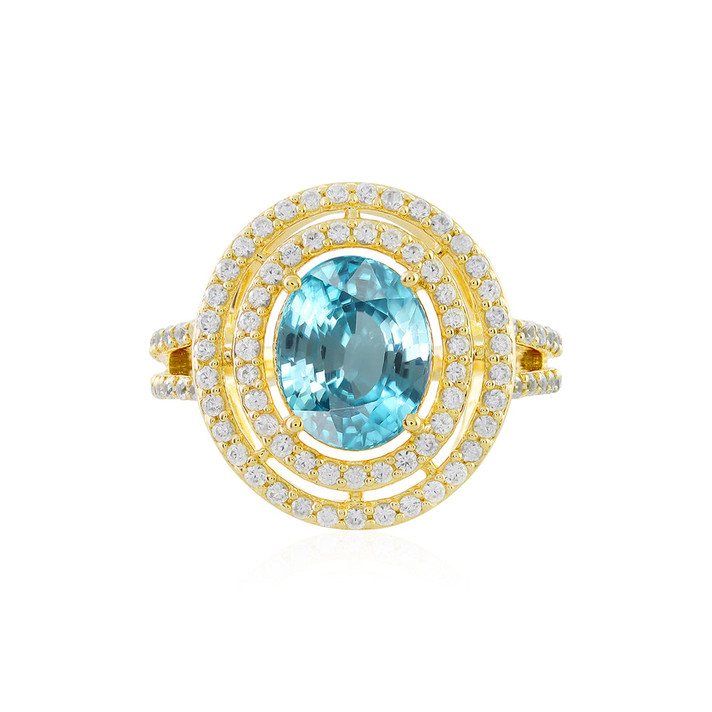 Blue Zircon Double Halo Silver Ring