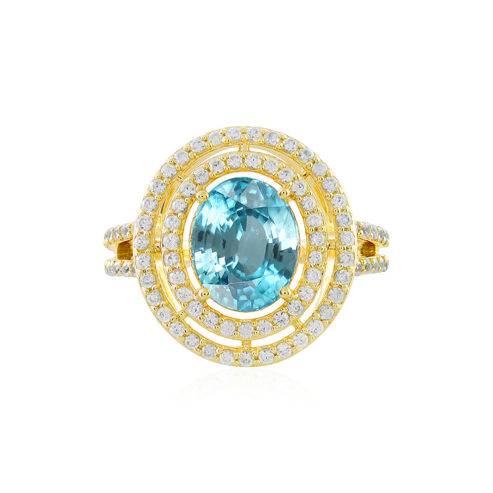 Blue Zircon Double Halo Silver Ring