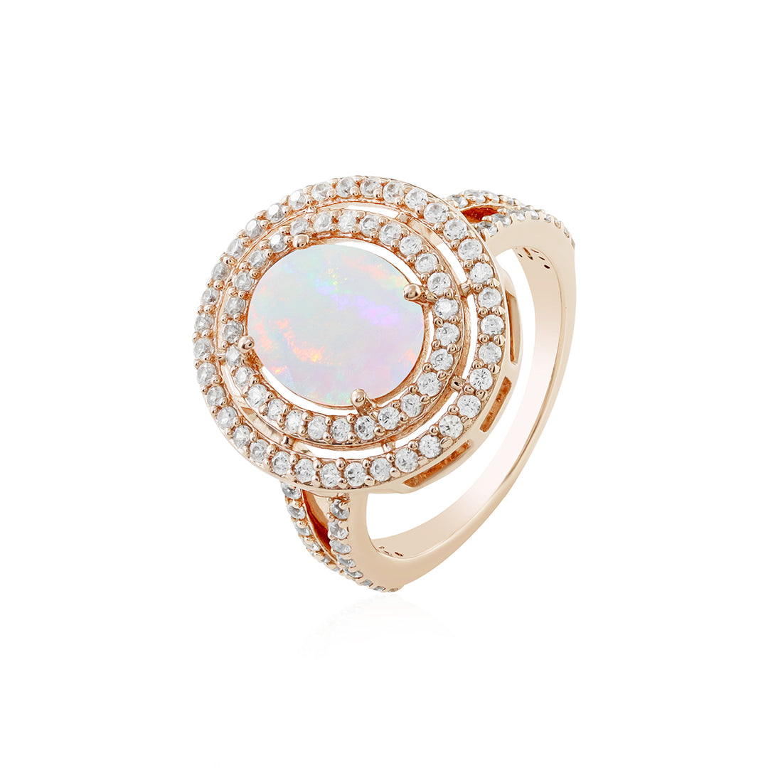 Ethiopian Opal and Zircon Double Halo Rose Gold Ring