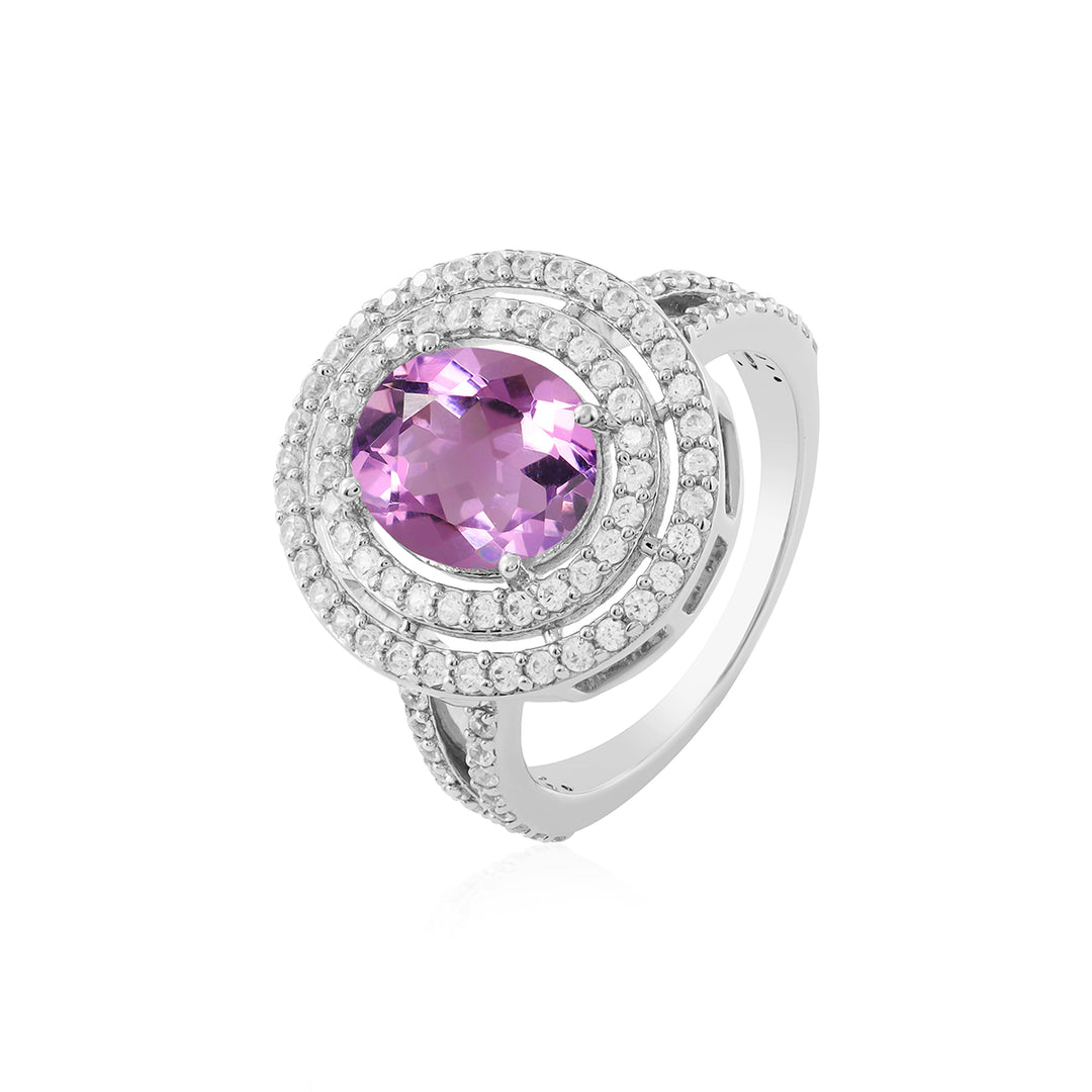 Pink Amethyst and Zircon Double Halo Silver Ring