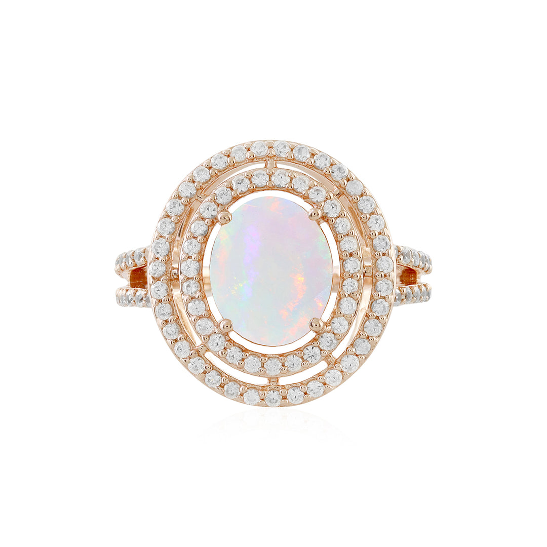 Ethiopian Opal and Zircon Double Halo Rose Gold Ring