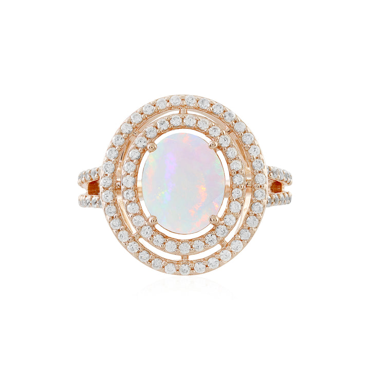 Ethiopian Opal and Zircon Double Halo Rose Gold Ring