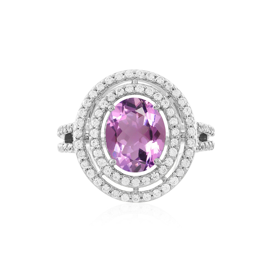 Pink Amethyst and Zircon Double Halo Silver Ring