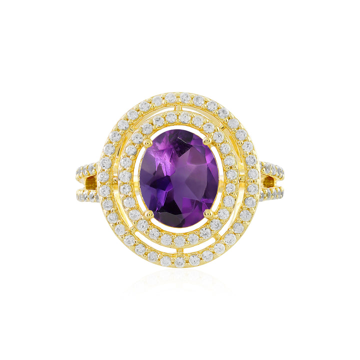 Amethyst and Zircon Double Halo Silver Ring