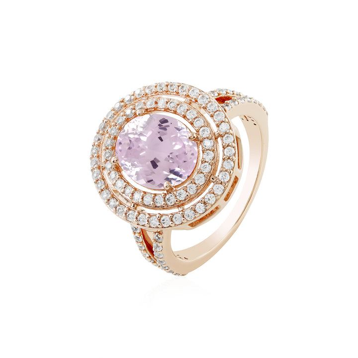 Kunzite and Zircon Double Halo Silver Ring