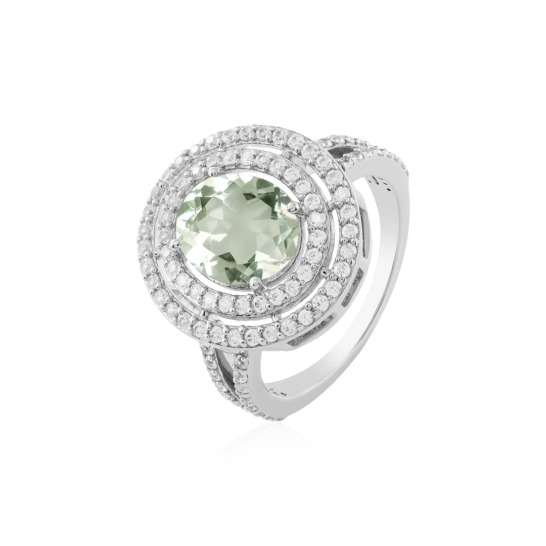 Green Amethyst and Zircon Double Halo Silver Ring