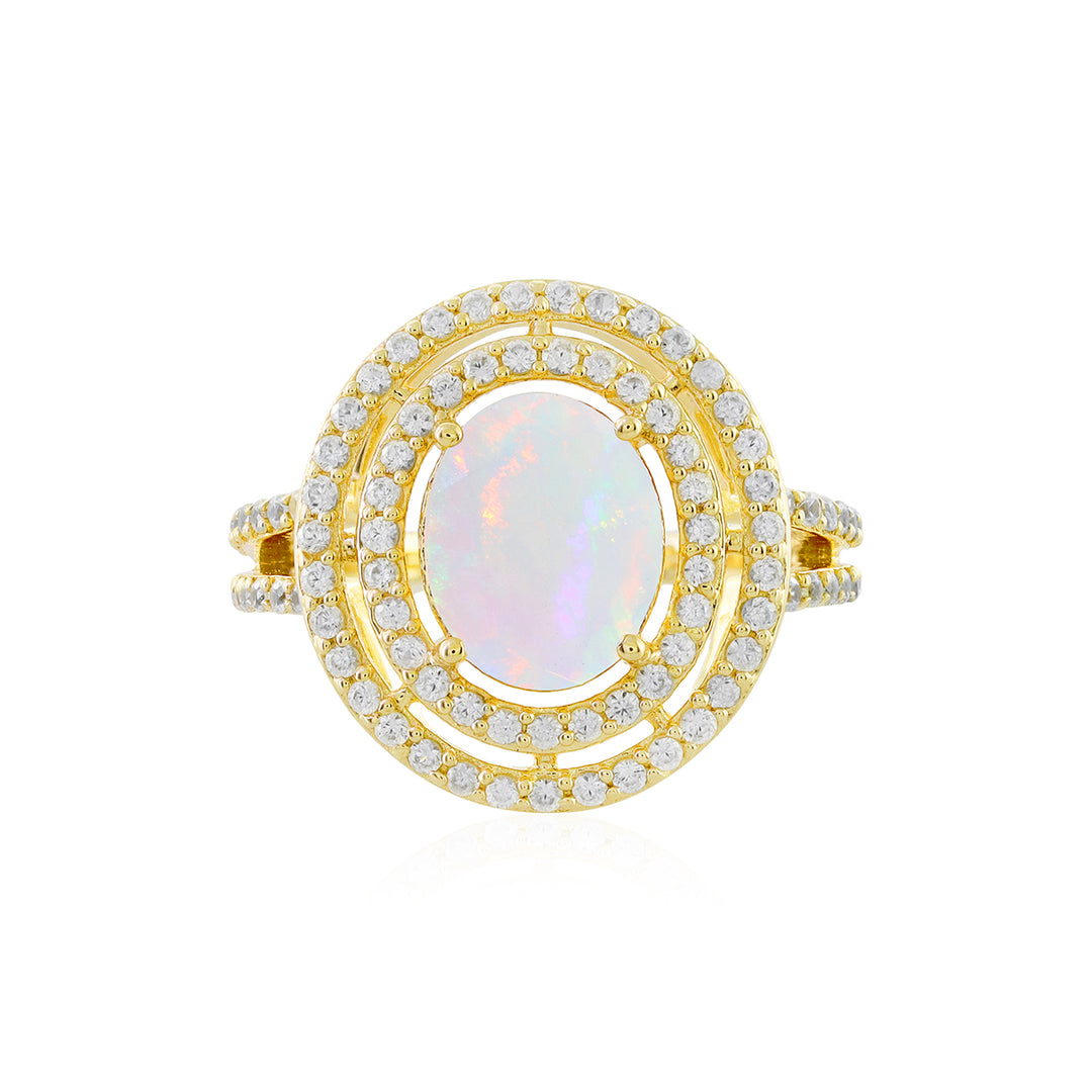 Ethiopian Opal and Zircon Double Halo Gold Ring