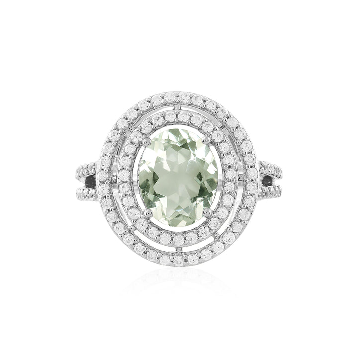 Green Amethyst and Zircon Double Halo Silver Ring