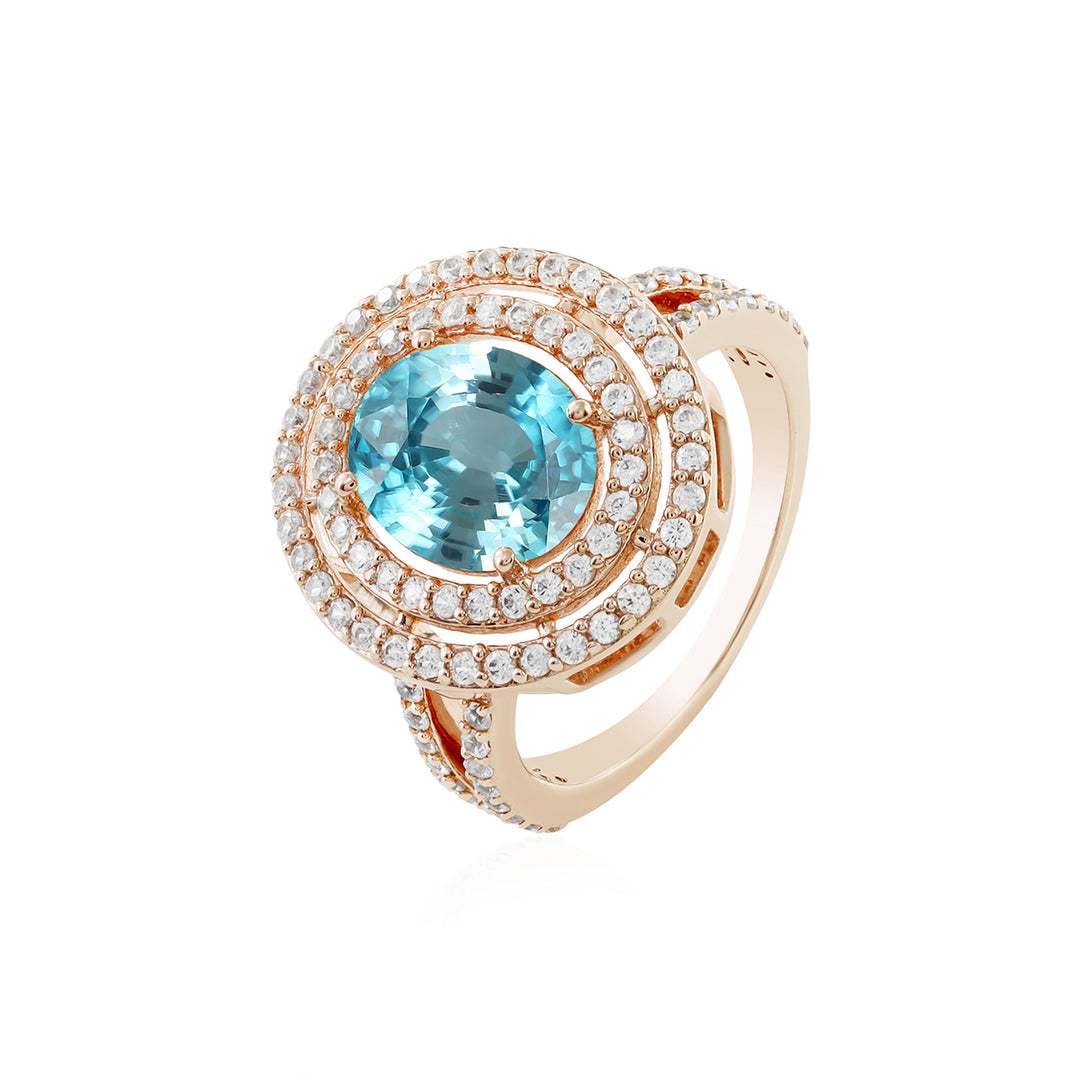 Blue Zircon Double Halo Silver Ring