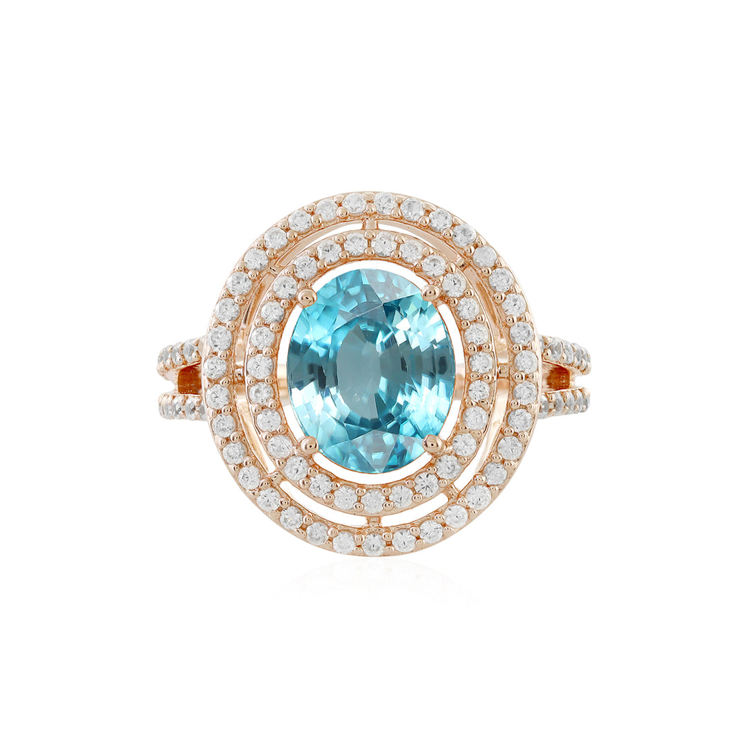 Blue Zircon Double Halo Silver Ring