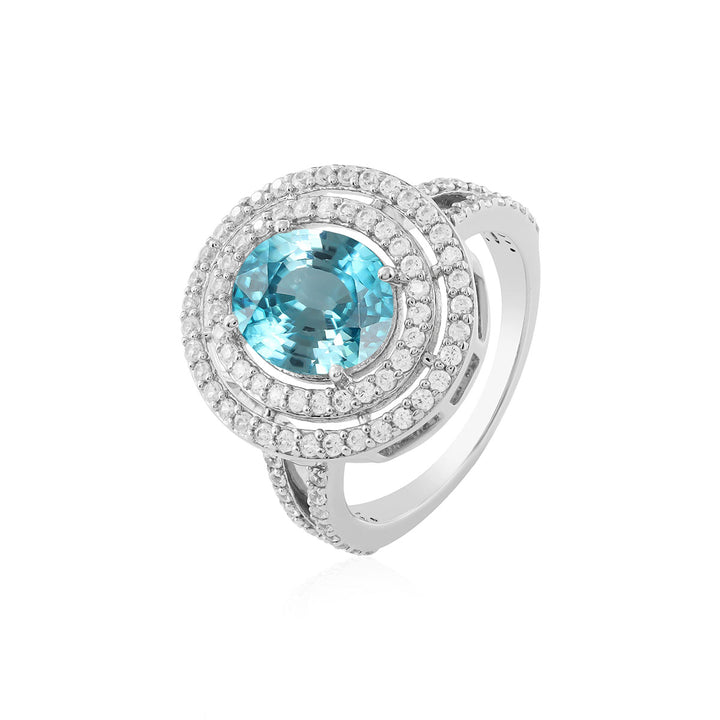 Blue Zircon Double Halo Silver Ring