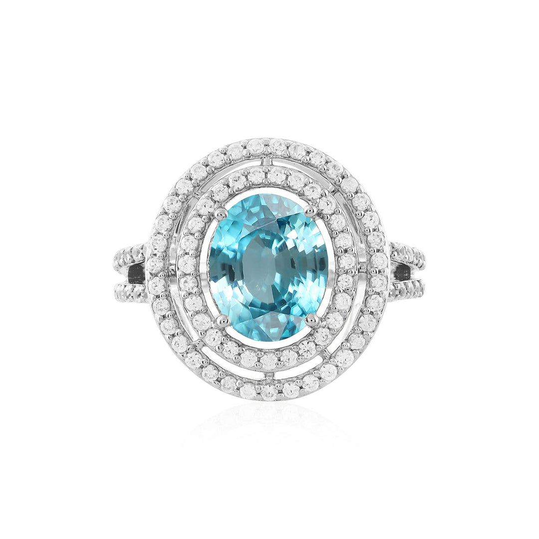 Blue Zircon Double Halo Silver Ring