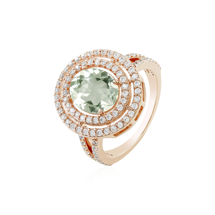 Green Amethyst and Zircon Double Halo Silver Ring