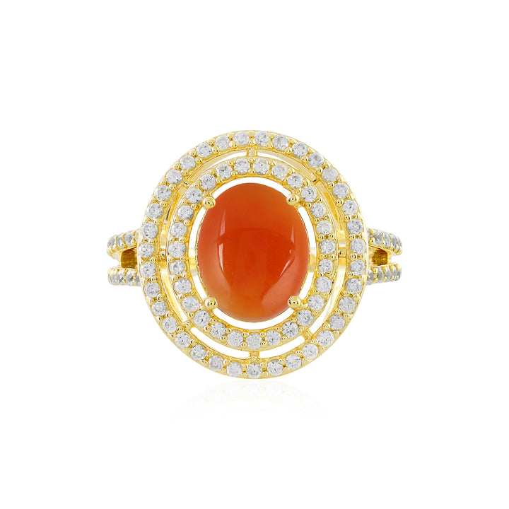 Red Onyx and Zircon Double Halo Silver Ring