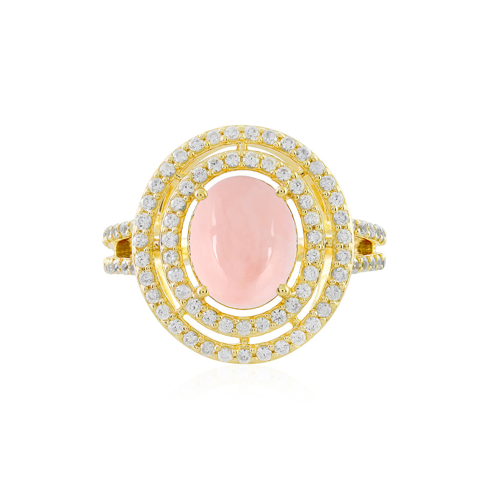 Pink Opal and Zircon Double Halo Silver Ring