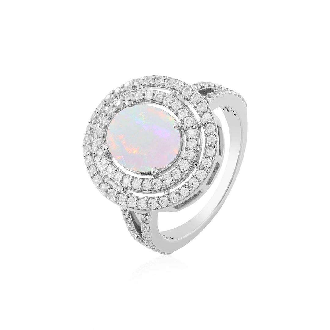 Ethiopian Opal and Zircon Double Halo Silver Ring