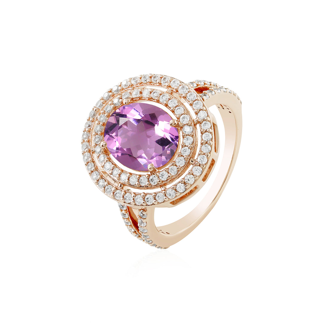 Pink Amethyst and Zircon Double Halo Silver Ring