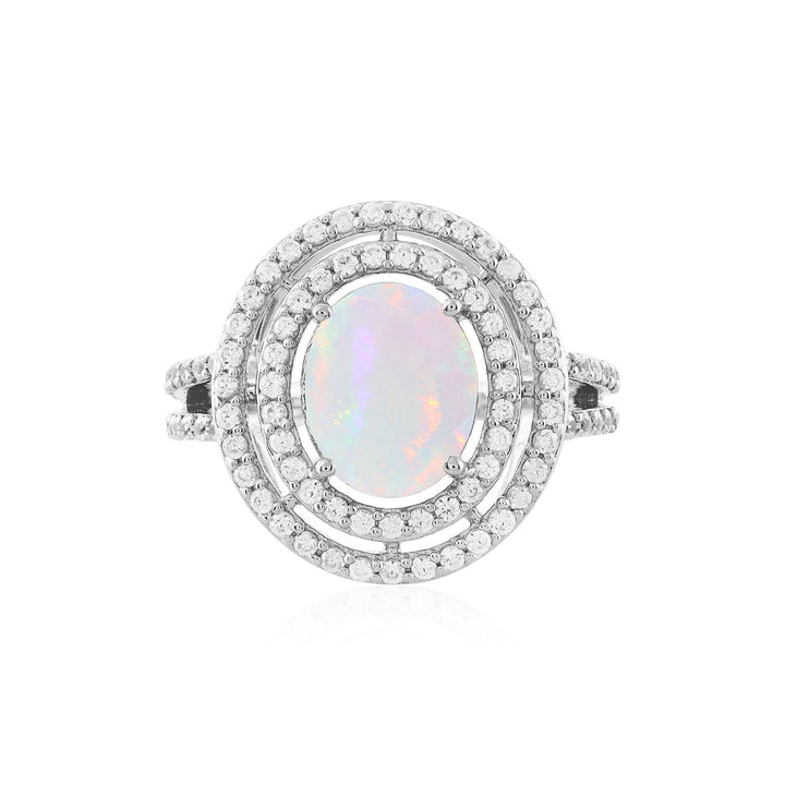 Ethiopian Opal and Zircon Double Halo Silver Ring