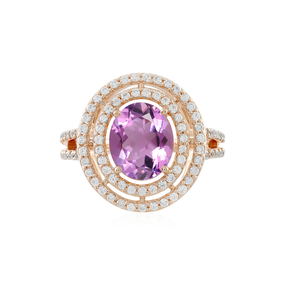 Pink Amethyst and Zircon Double Halo Silver Ring