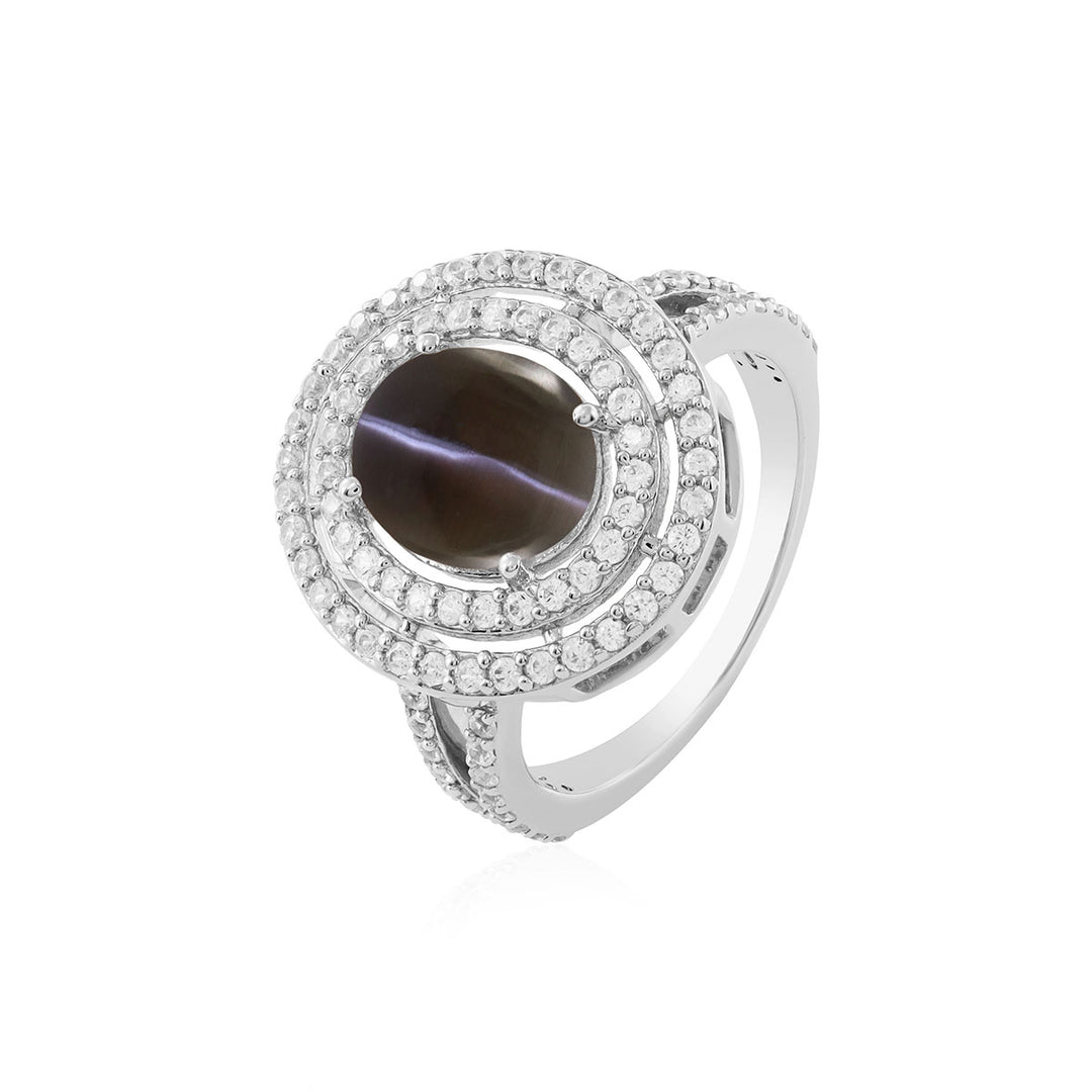 Sillimanite Star and Zircon Double Halo Silver Ring