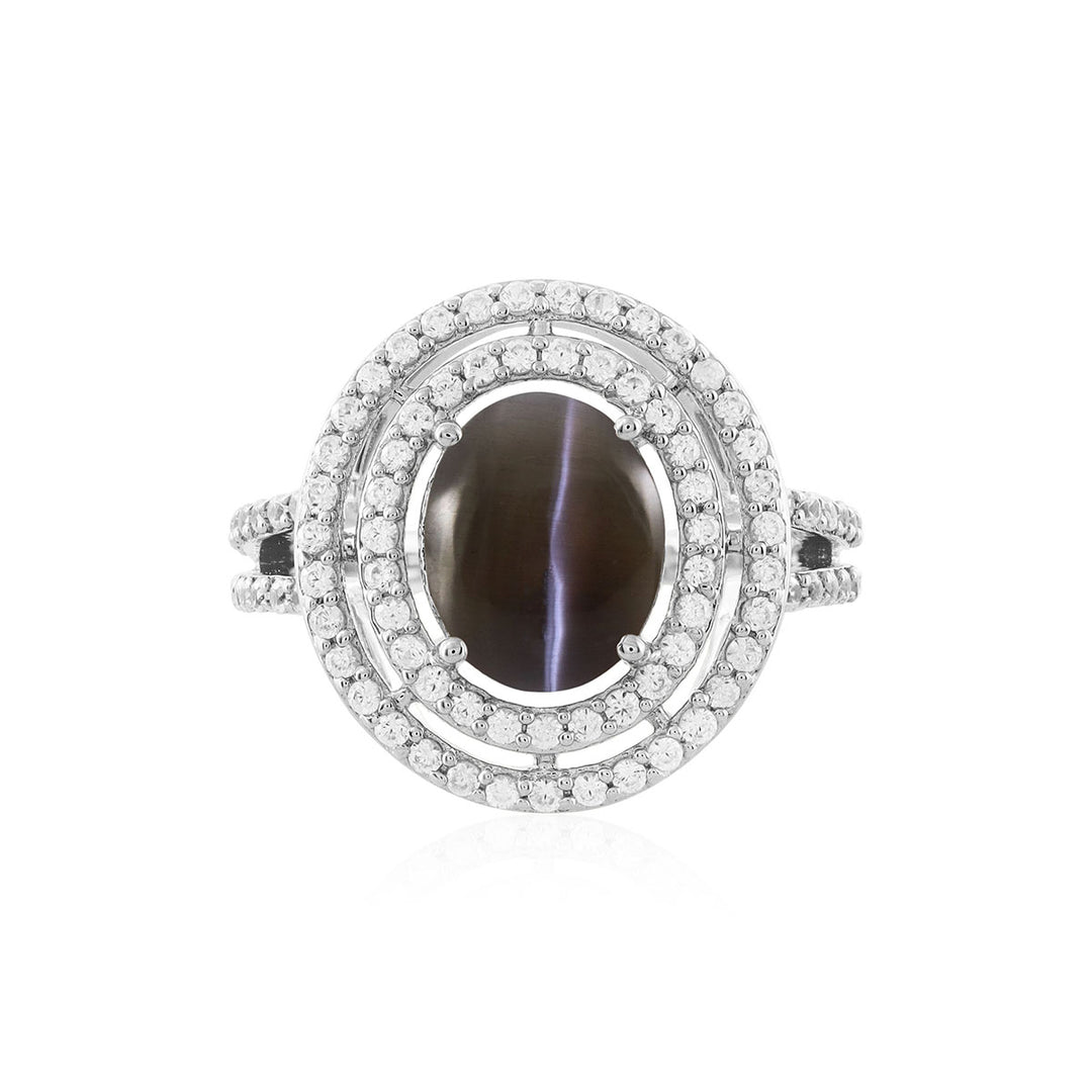 Sillimanite Star and Zircon Double Halo Silver Ring