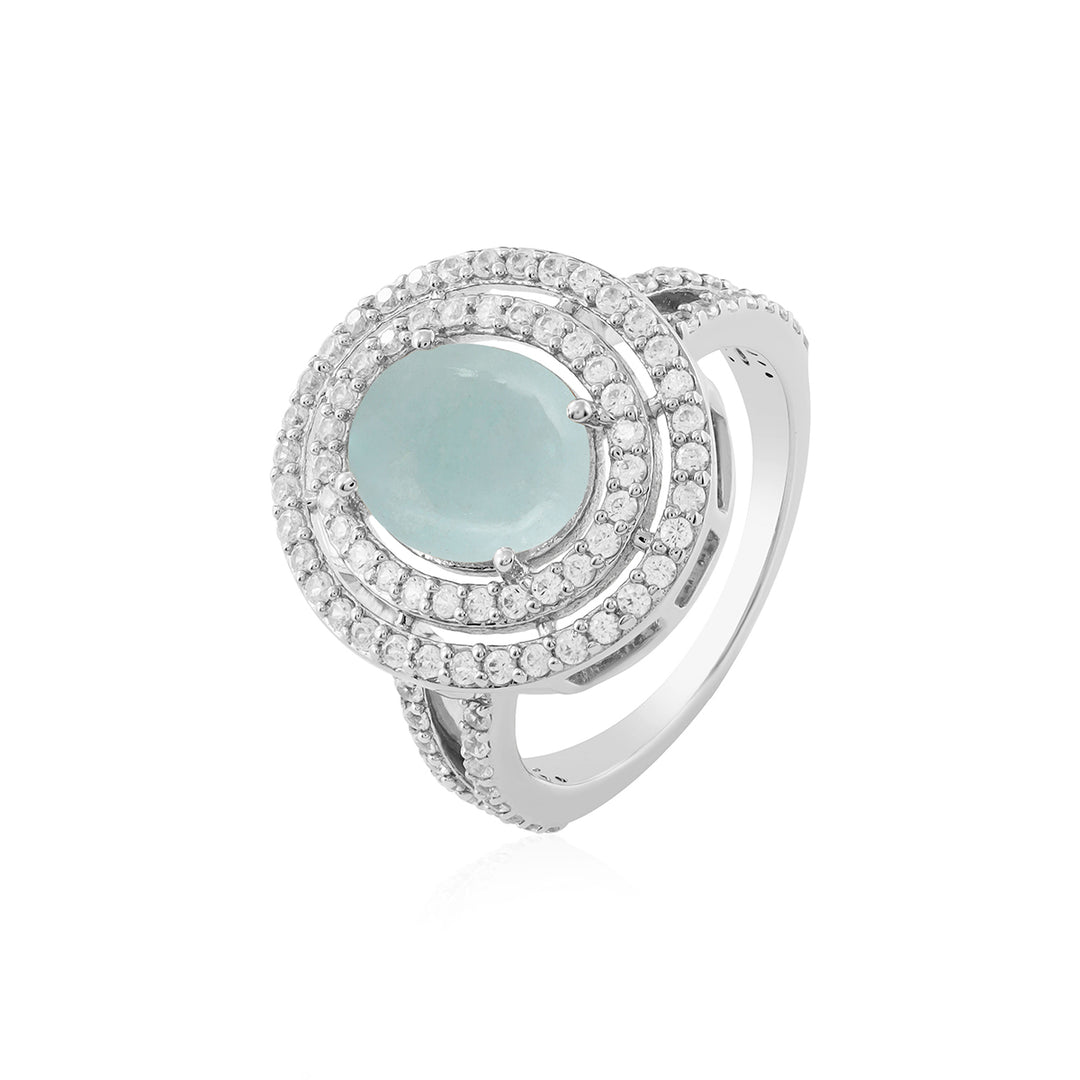 Aquamarine and Zircon Double Halo Silver Ring