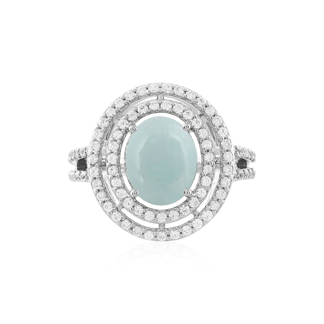 Aquamarine and Zircon Double Halo Silver Ring