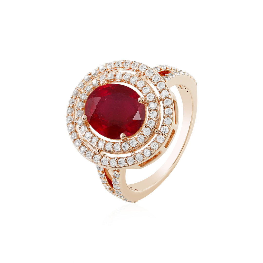 Ruby and Zircon Double Halo Rose Gold Ring