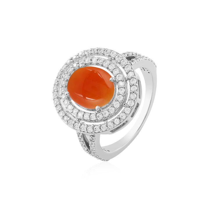 Red Onyx and Zircon Double Halo Silver Ring