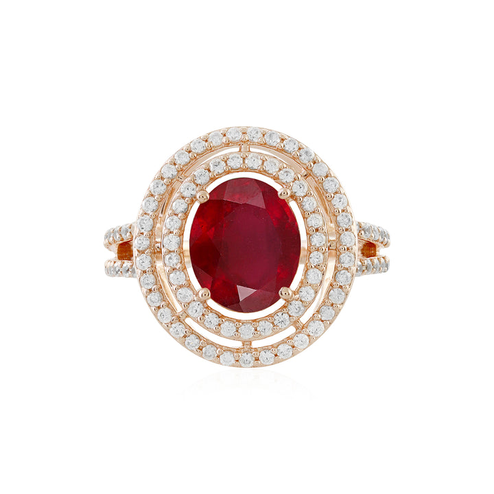 Ruby and Zircon Double Halo Rose Gold Ring