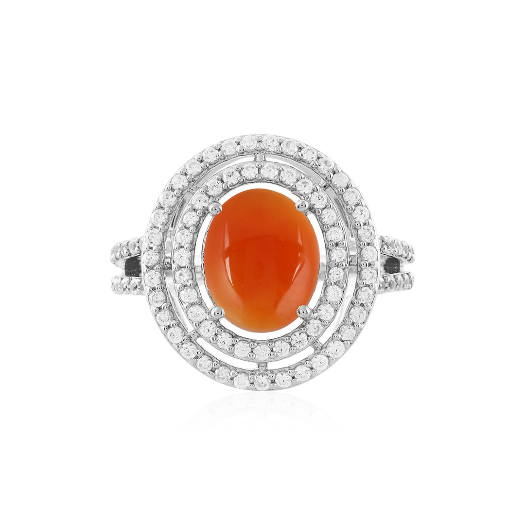 Red Onyx and Zircon Double Halo Silver Ring