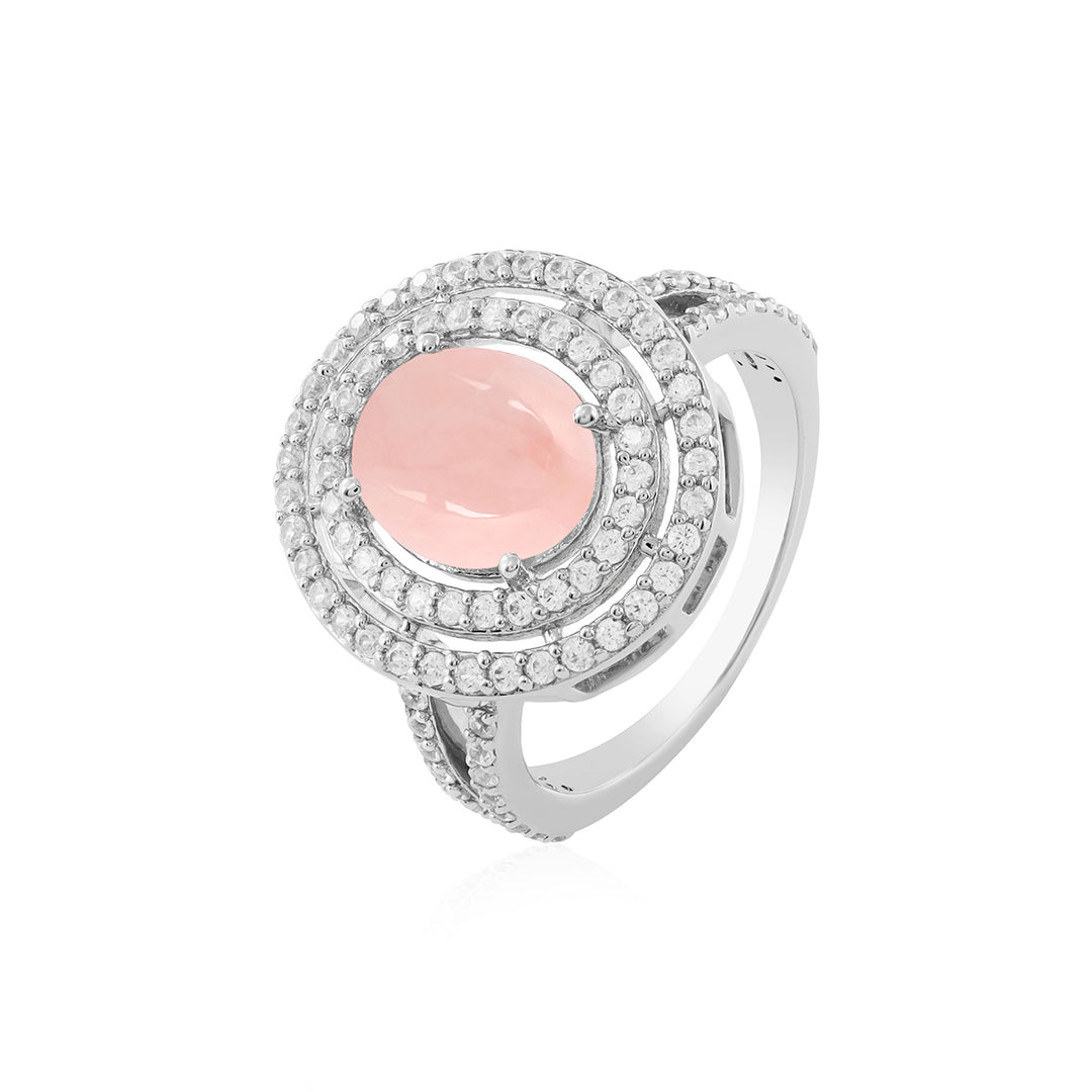 Pink Opal and Zircon Double Halo Silver Ring