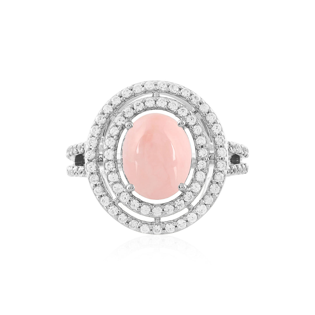 Pink Opal and Zircon Double Halo Silver Ring