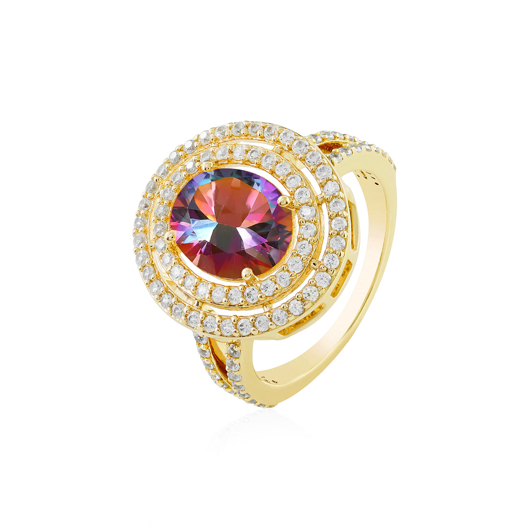 Mystic Topaz and Zircon Double Halo Silver Ring