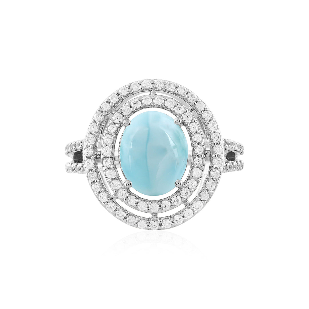 Larimar and Zircon Double Halo Silver Ring