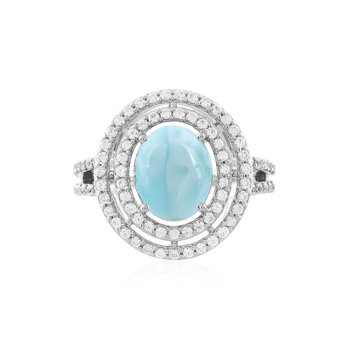 Larimar and Zircon Double Halo Silver Ring