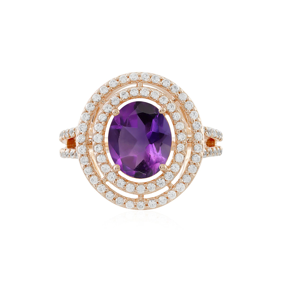 Amethyst and Zircon Double Halo Silver Ring