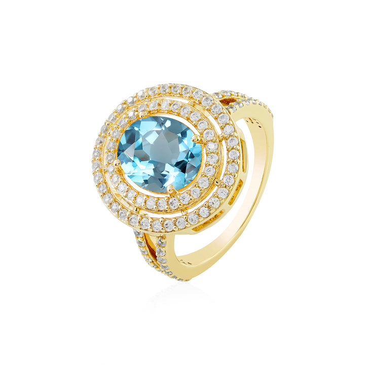 Blue Topaz and Zircon Double Halo Silver Ring