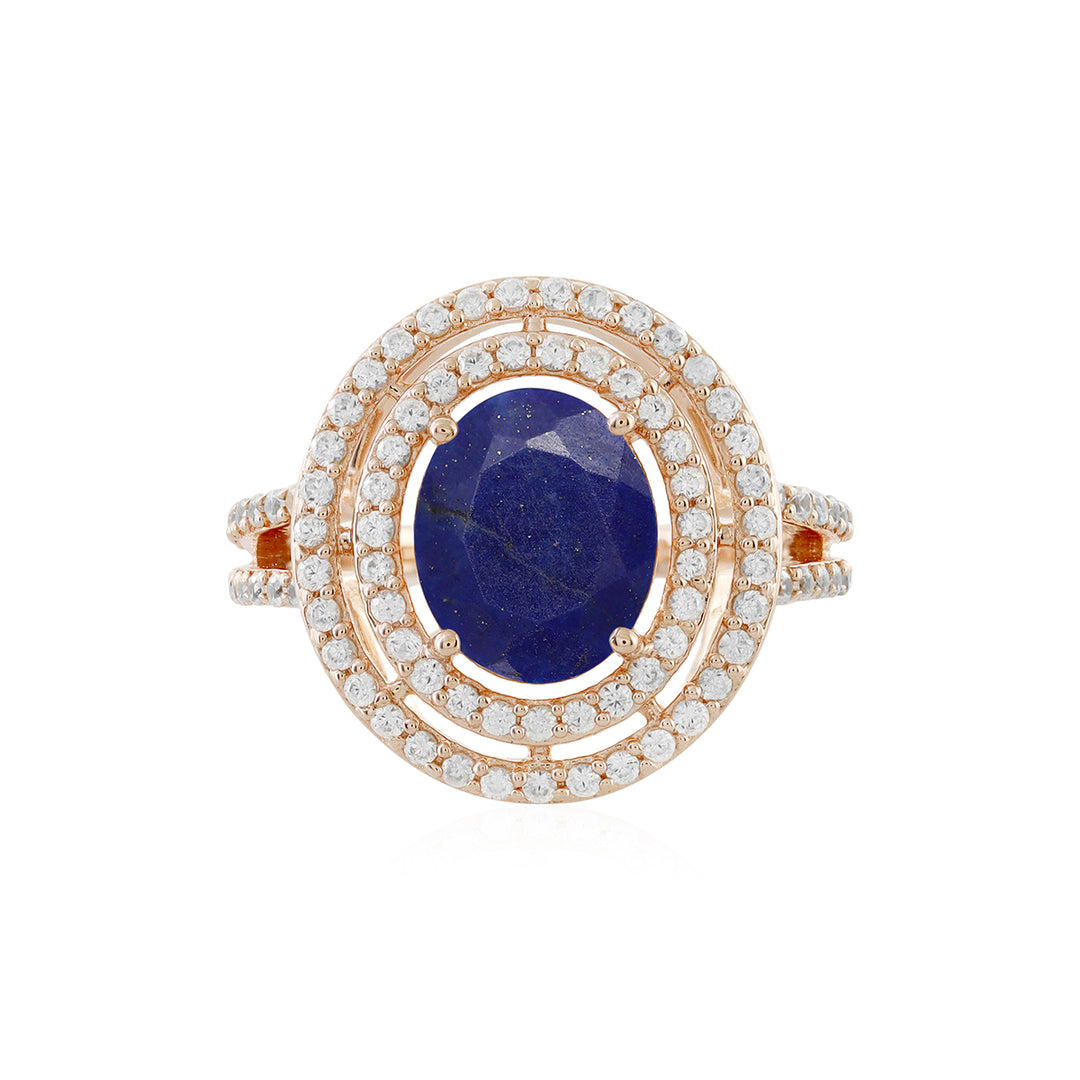 Lapis Lazuli and Zircon Double Halo Silver Ring