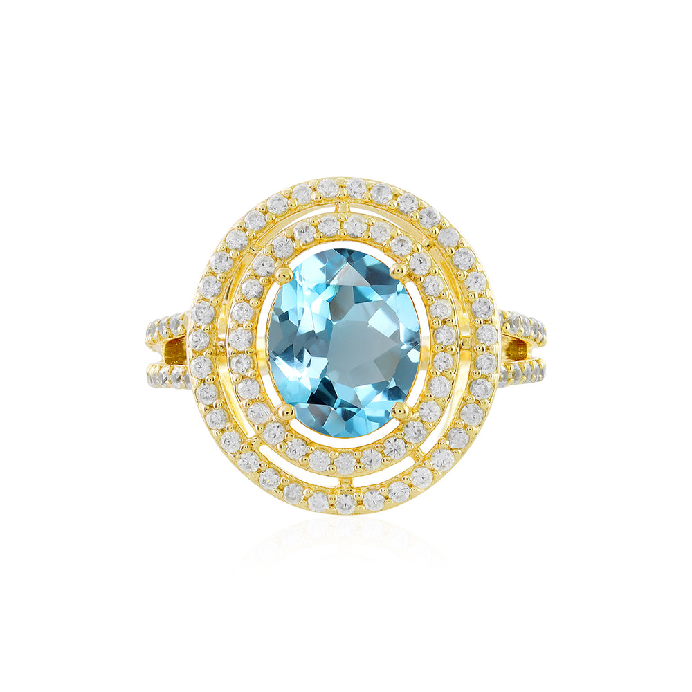 Blue Topaz and Zircon Double Halo Silver Ring