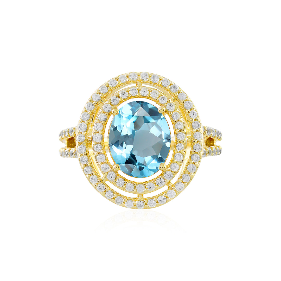 Blue Topaz and Zircon Double Halo Silver Ring