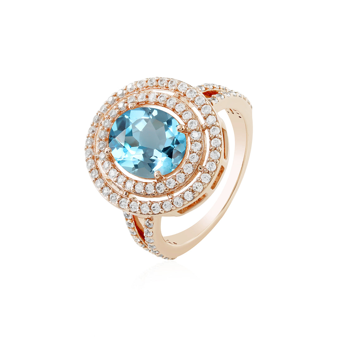 Blue Topaz and Zircon Double Halo Silver Ring