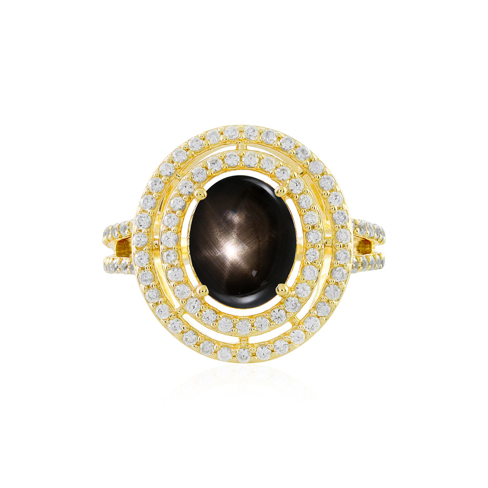 Black Star Sapphire and Zircon Double Halo Silver Ring