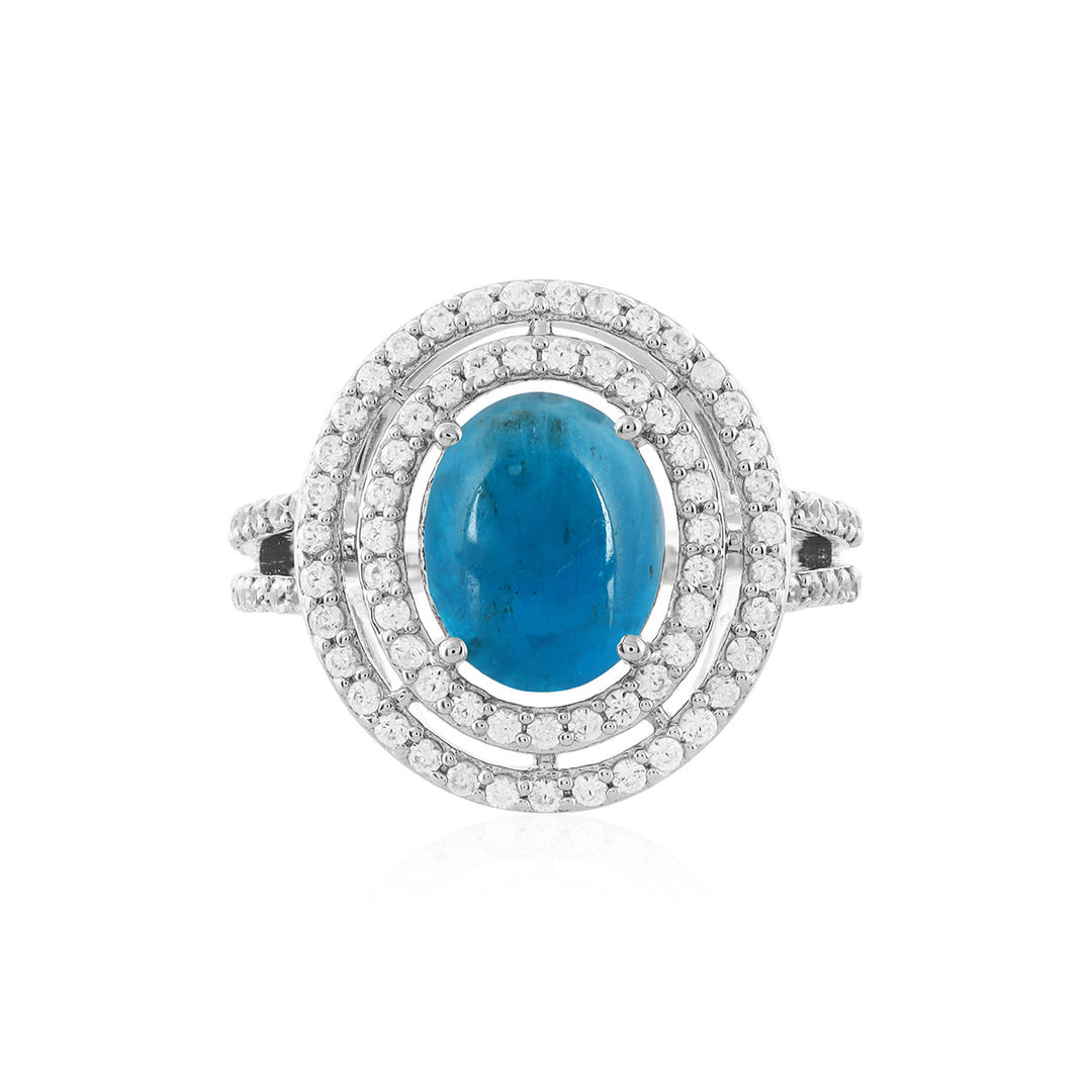 Neon Apatite and Zircon Double Halo Silver Ring