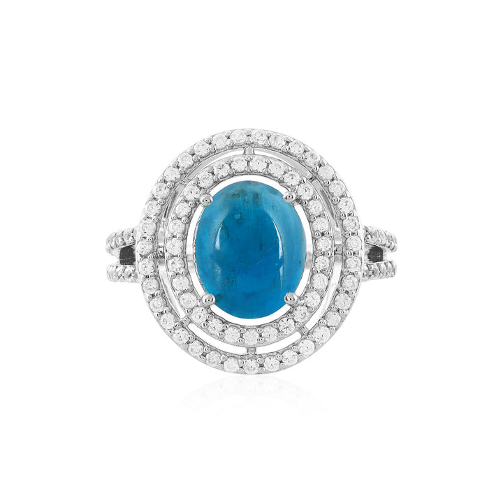 Neon Apatite and Zircon Double Halo Silver Ring