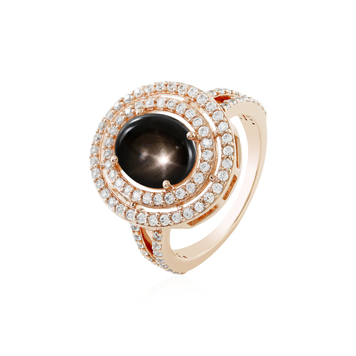 Black Star Sapphire and Zircon Double Halo Silver Ring